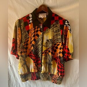 Andrea Gayle Geometric Short Sleeve Shirt 20 80s Architecture Gold Button Blouse
